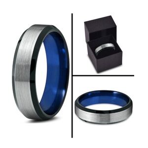 Unisex Wedding Band - Silver Tungsten with black beveled edge and blue interior